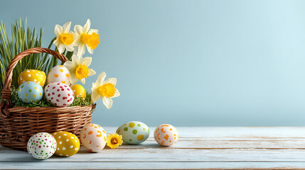 Easter basket with painted eggs and daffodils on a wooden surface
