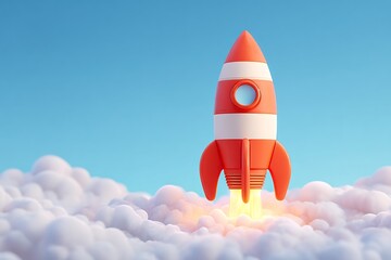 Red and White Rocket Launching Above Clouds  Innovation and Success Concept.
