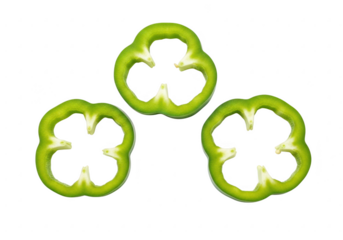 Three slices of green bell pepper isolated on transparent background