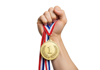 Hand holding a gold medal with number 1 on it isolated on transparent background