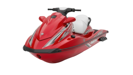 Red jet ski PNG isolated on transparent background, personal watercraft for recreation and summer fun, water sports vehicle