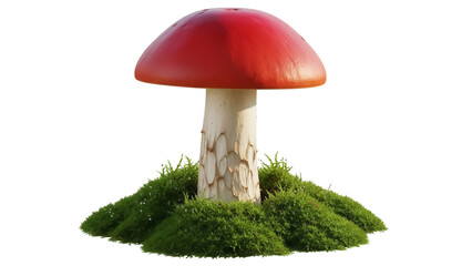 Red mushroom PNG isolated on transparent background, toadstool with moss for fairy tale and fantasy designs, magical forest element