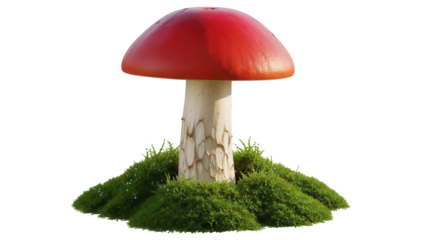 Red mushroom PNG isolated on transparent background, toadstool with moss for fairy tale and fantasy designs, magical forest element