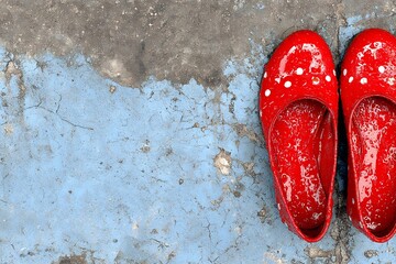 Red Shoes Whimsical pair on a concrete backdrop with ready to dance.