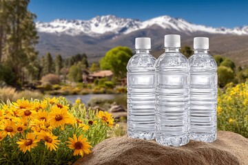 Refreshing bottled water with mountain and nature background scene.