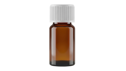 Amber glass bottle with white cap isolated PNG, essential oil container for aromatherapy and pharmaceutical use on transparent background