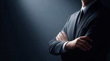 Elegant businessman standing confidently in tailored suit with arms crossed, illuminated by dramatic light against dark background, showcasing strength and professionalism