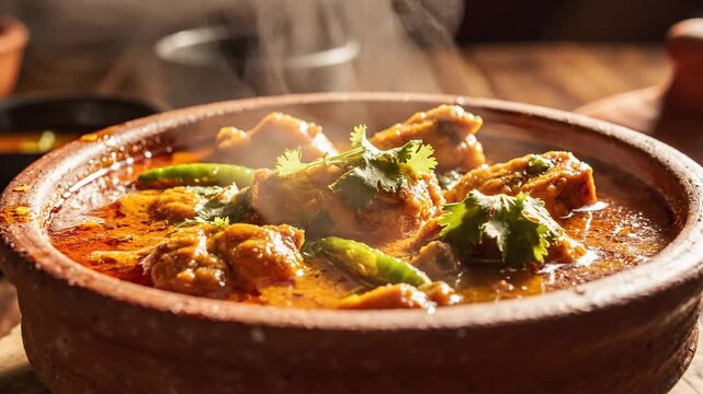 Steaming bowl of culinary dish with fresh ingredients close up
