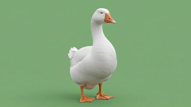 Realistic white domestic goose standing isolated on a solid green screen background. Side view of a farm bird with orange beak and webbed feet, ready for chroma keying and compositing