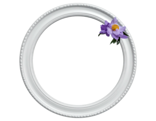 A circular white frame with a small purple flower decor