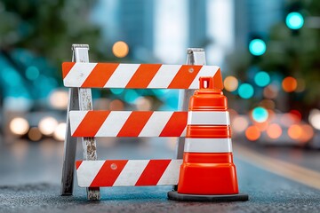 Road construction barrier and cone on wet asphalt street with blurred urban background.