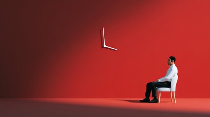 A thoughtful man sitting in a chair contemplating the meaning of time with a floating clock against a vibrant red wall in a surreal setting