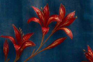 Rich red lilies painted on a vibrant blue textile background Artistic design.