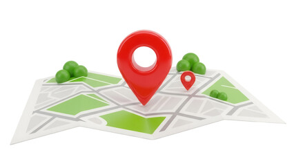 Map with red location pin isolated PNG, navigation and destination concept for travel and tourism on transparent background