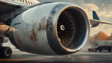 Close-up of aircraft engine, exterior view with a cloudy sky and support vehicle