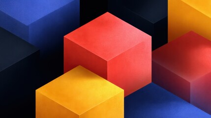 Abstract geometric background with vibrant colored cubes in shades of red, yellow, and blue arranged in a dynamic and artistic composition