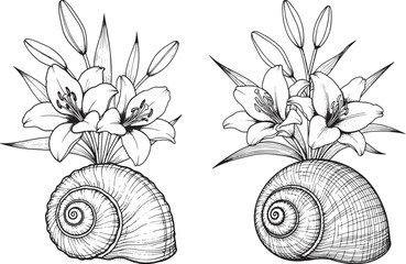 Detailed black and white line art illustration of lily flowers and buds arranged in a snail shell, botanical and nature concept. © FrajanaAI