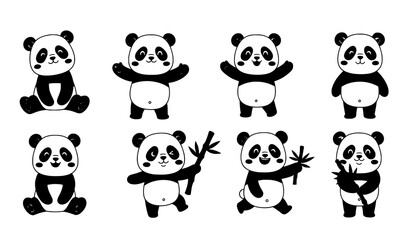 Cute panda cartoon poses vector set with playful animal characters isolated on white background © Boloram
