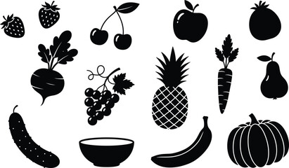 Fruit and vegetable silhouette icons set, fresh organic food, healthy produce symbols, black vector illustration collection