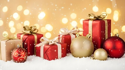christmas background with gift boxes and ballsChristmas Background with Gift Boxes and Decorative Balls Creating a Festive Winter Holiday Scene with Red and Gold Ornaments, Sparkling Lights and Joyful