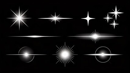 Fototapeta premium A collection of white spotlight effects against a black background, showcasing various light beams and rays from different angles