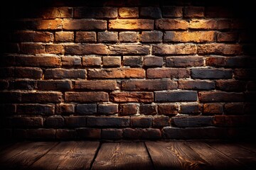 Rustic brick wall with warm lighting and wooden floor with perfect for background use.