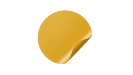 Golden round sticker PNG isolated on transparent background, blank label with curled corner for branding and product promotion