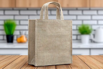Rustic Canvas Tote Bag on Wooden Kitchen Table with EcoFriendly Shopping Concept.