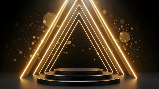 Golden triangular podium with neon lights on a dark background - Powered by Adobe