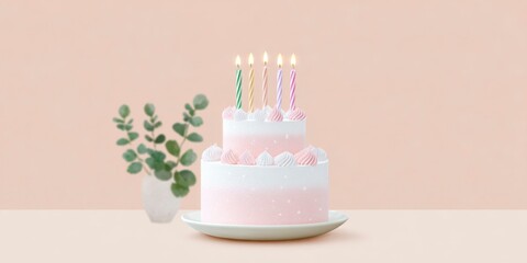 an adorable birthday cake with candles, on a pastel peach background.