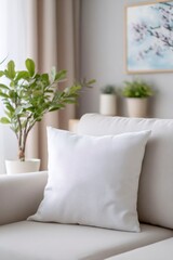white pillow on the sofa, interior background with paintings and plants
