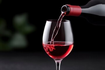 wine bottle pouring red wine into a glass on a black background.