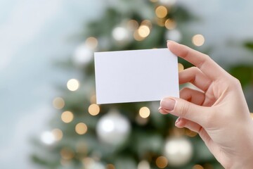 woman hand holding a blank business card mockup on a christmas tree background, with bokeh lights and shallow depth of field