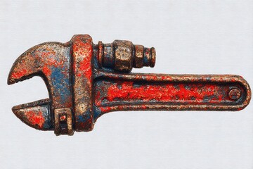 Rusty Vintage Adjustable Wrench with Old Tool Isolated on White Background.