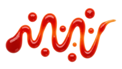 Ketchup squiggle isolated on transparent background PNG, red tomato sauce swirl and drops for food design and culinary applications