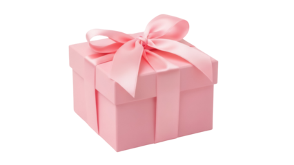Pink gift box with ribbon isolated PNG, present for birthday or special occasion on transparent background