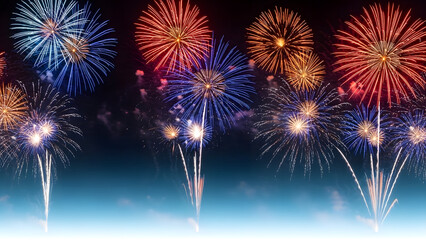 Spectacular Colorful Fireworks Bursting in the Dark Night Sky, Illuminating a Grand Celebration and Festive Event with Dazzling Lights
