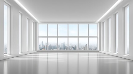 Fototapeta premium Bright and Spacious Modern Empty Interior with Large Windows Overlooking Cityscape in a Contemporary Architectural Design Space