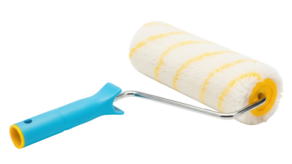 Paint roller with blue handle isolated PNG on transparent background, painting tool for home improvement and construction projects