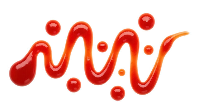 Ketchup squiggle isolated on transparent background PNG, red tomato sauce swirl and drops for food design and culinary applications