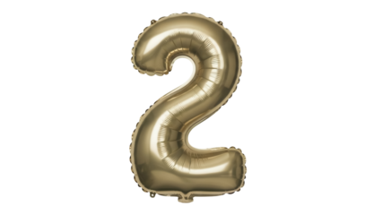 Golden number two balloon isolated PNG on transparent background, festive party decoration for birthday celebration and anniversary