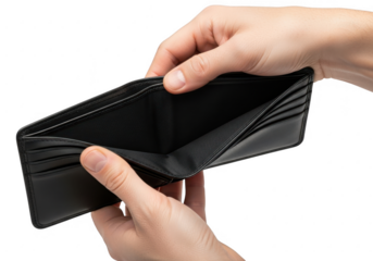 Open black leather wallet isolated on transparent background