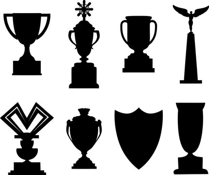 collection of black trophy silhouettes in various shapes and designs on white background vector silhouette set, silhouette illustration
