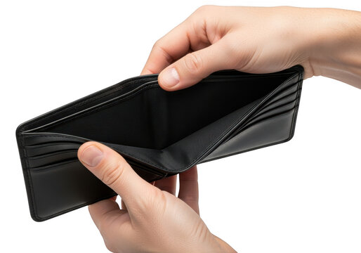 Open black leather wallet isolated on transparent background