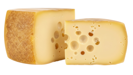 Swiss cheese block isolated PNG on transparent background, yellow dairy product with holes for gourmet food and cooking