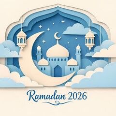 Obraz premium Ramadan 2026 Celebration: Paper-Cut Mosque Scene With Crescent Moon, Lanterns, Clouds, Stars, and Blue Tones
