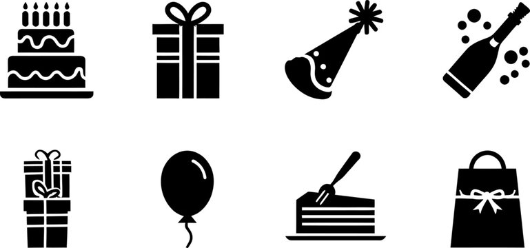 collection of black vector icons depicting birthday and celebration symbols on white background vector silhouette set, silhouette illustration