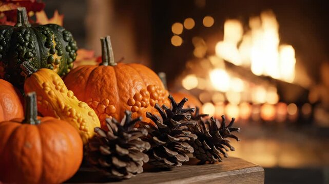 Soft focus gentle zoom into autumn decorations featuring pumpkins pinecones and seasonal gourds bathed in the ambient glow of a nearby crackling fireplace depthoffield, gourds, autumn