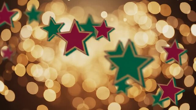 Soft focus glowing bokeh Christmas background with drifting emerald green and ruby red stylized retro star shapes floating and fading gently Christmas, festive, sparkle