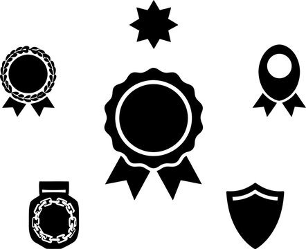 collection of six black vector silhouettes including star, rosettes, and shield on white background vector silhouette set, silhouette illustration